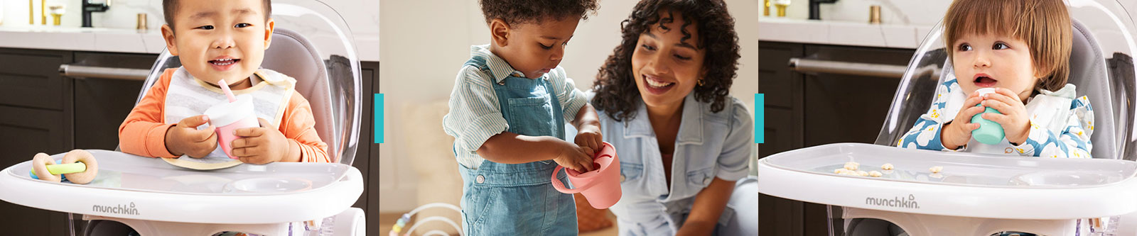 Three images shpwing toddlers using the Munchkin silicone open cups and snack catchers.